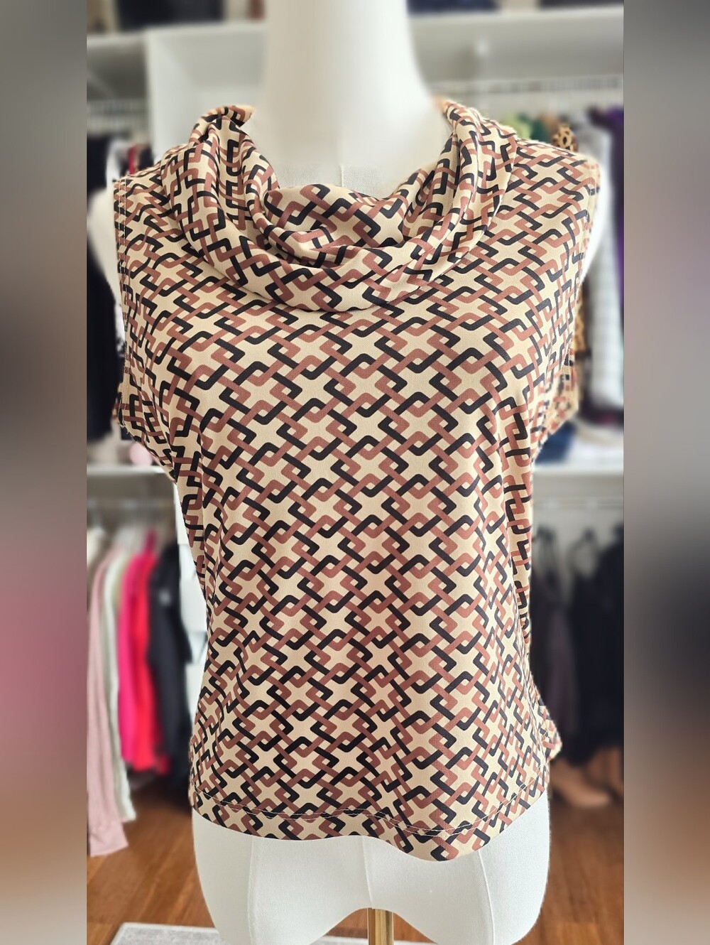 Vintage Central Park West Geometric Cowl Neck Sweater in Cream & Brown